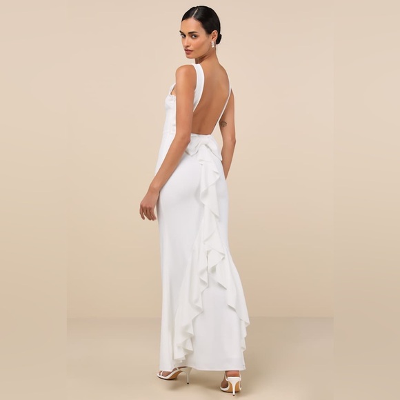 Exquisite Refinement Ivory Backless Bow Ruffled Maxi Dress - Picture 2 of 5